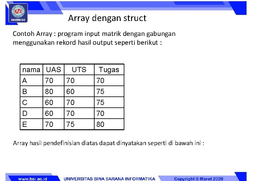 Array dengan struct Contoh Array : program input matrik dengan gabungan menggunakan rekord hasil