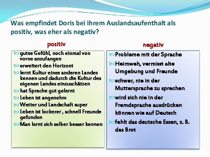 Was empfindet Doris bei ihrem Auslandsaufenthalt als positiv, was eher als negativ? positiv gutes