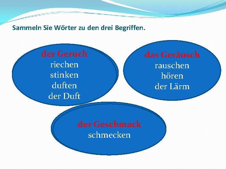 Sammeln Sie Wörter zu den drei Begriffen. der Geruch riechen Geruch stinken duften der