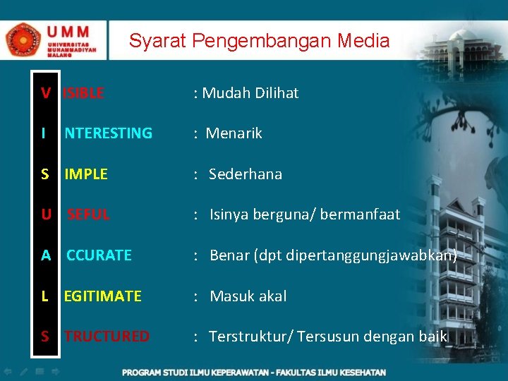 Syarat Pengembangan Media V ISIBLE : Mudah Dilihat I : Menarik NTERESTING S IMPLE