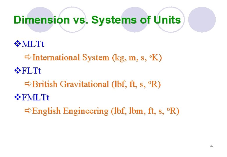 Dimension vs. Systems of Units v. MLTt ðInternational System (kg, m, s, o. K)