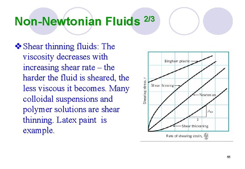Non-Newtonian Fluids 2/3 v Shear thinning fluids: The viscosity decreases with increasing shear rate