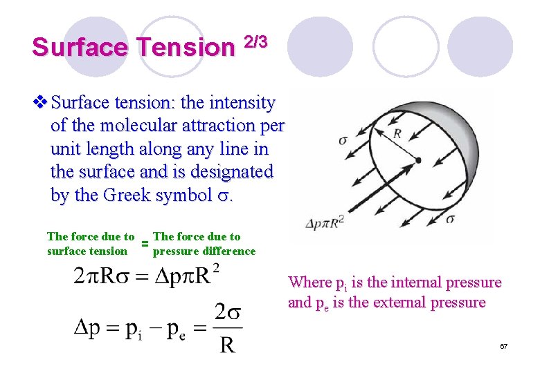 Surface Tension 2/3 v Surface tension: the intensity of the molecular attraction per unit