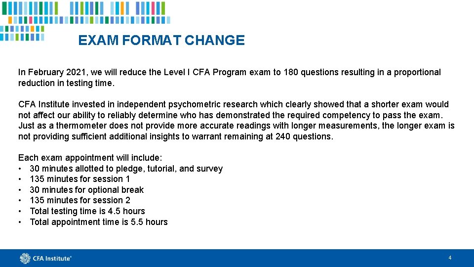 EXAM FORMAT CHANGE In February 2021, we will reduce the Level I CFA Program