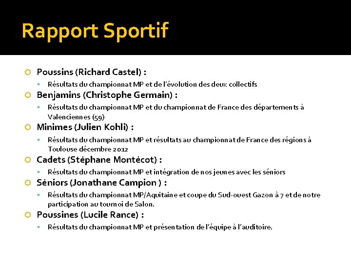 Rapport Sportif Poussins (Richard Castel) : Résultats du championnat MP et de l’évolution des