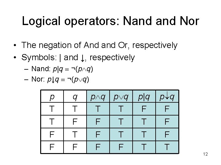 Logical operators: Nand Nor • The negation of And and Or, respectively • Symbols: