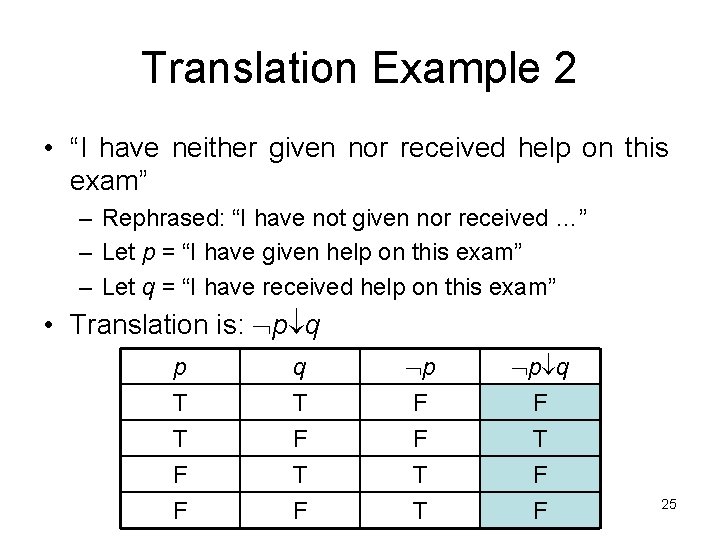 Translation Example 2 • “I have neither given nor received help on this exam”