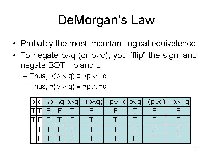 De. Morgan’s Law • Probably the most important logical equivalence • To negate p