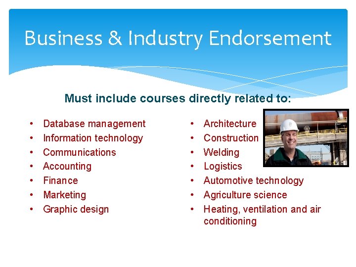 Business & Industry Endorsement Must include courses directly related to: • • Database management