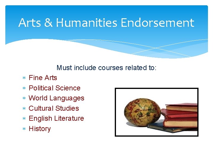 Arts & Humanities Endorsement Must include courses related to: Fine Arts Political Science World