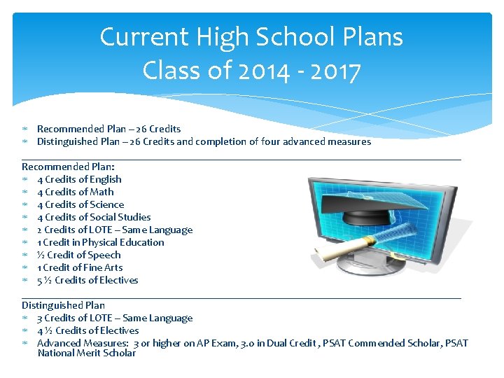 Current High School Plans Class of 2014 - 2017 Recommended Plan – 26 Credits