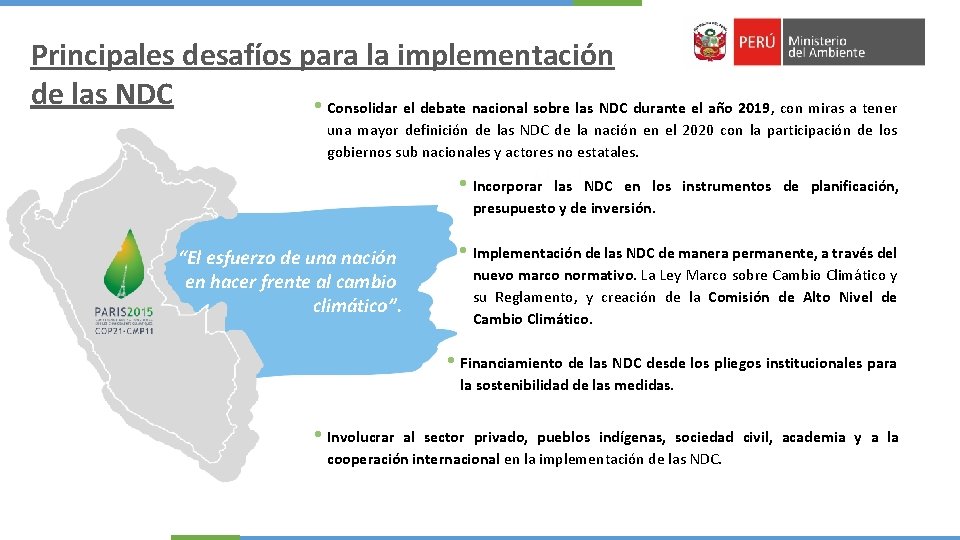 Principales desafíos para la implementación de las NDC • Consolidar el debate nacional sobre