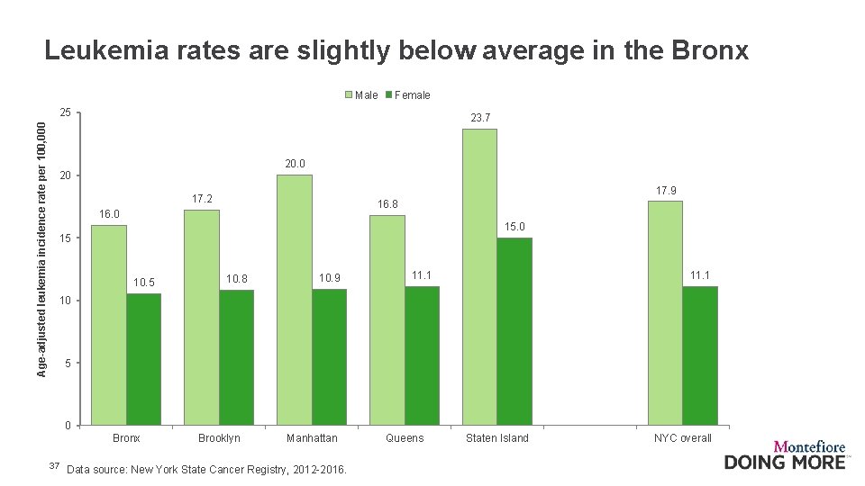 Leukemia rates are slightly below average in the Bronx Male Female Age-adjusted leukemia incidence