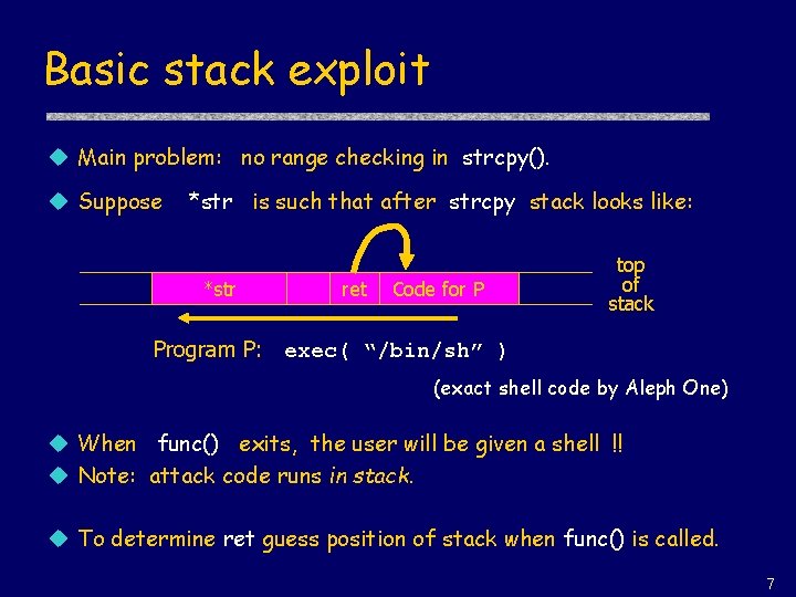 Basic stack exploit u Main problem: no range checking in strcpy(). u Suppose *str