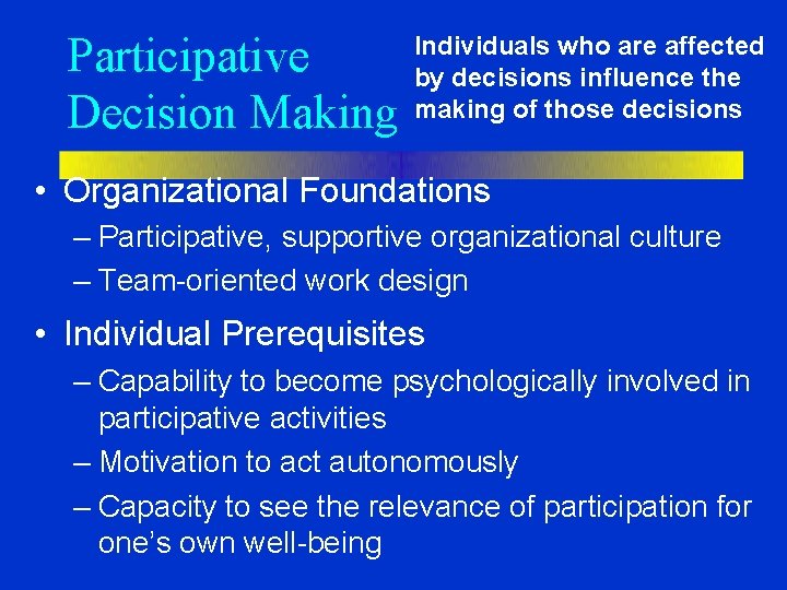 Participative Decision Making Individuals who are affected by decisions influence the making of those