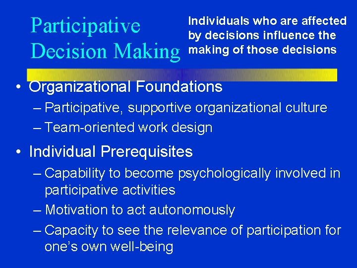 Participative Decision Making Individuals who are affected by decisions influence the making of those Participative Decision Making Individuals who are affected by decisions influence the making of those