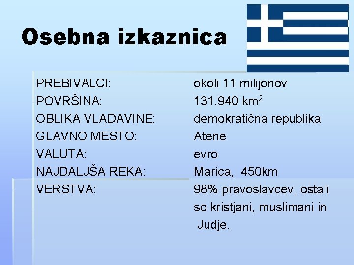 Osebna izkaznica PREBIVALCI: POVRŠINA: OBLIKA VLADAVINE: GLAVNO MESTO: VALUTA: NAJDALJŠA REKA: VERSTVA: okoli 11