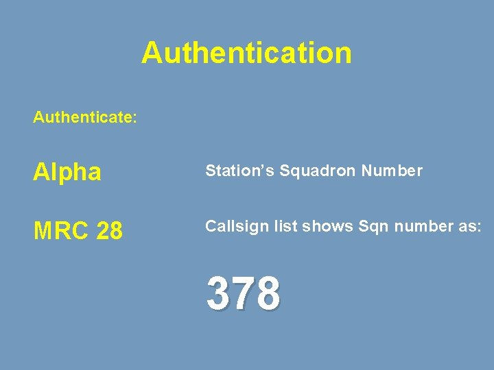 Authentication Authenticate: Alpha Station’s Squadron Number MRC 28 Callsign list shows Sqn number as: