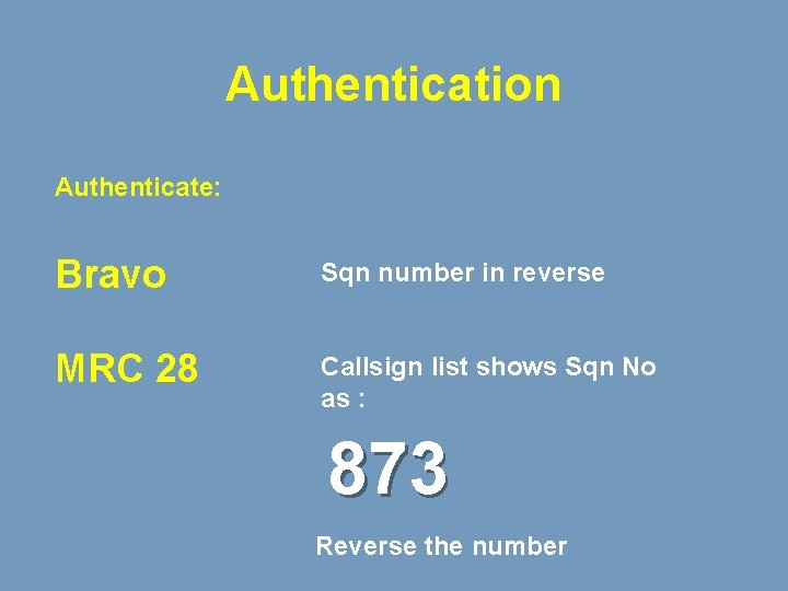 Authentication Authenticate: Bravo Sqn number in reverse MRC 28 Callsign list shows Sqn No