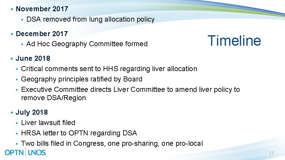 § November 2017 § DSA removed from lung allocation policy § December 2017 §