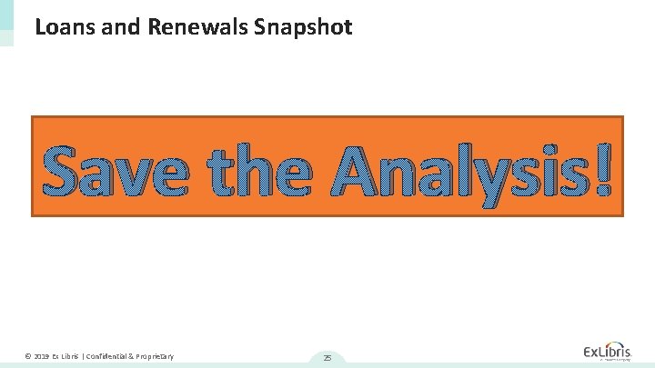 Loans and Renewals Snapshot Save the Analysis! © 2019 Ex Libris | Confidential &