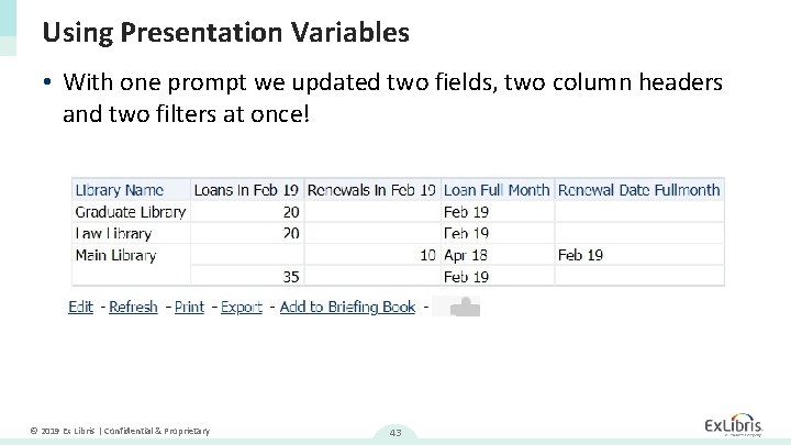 Using Presentation Variables • With one prompt we updated two fields, two column headers