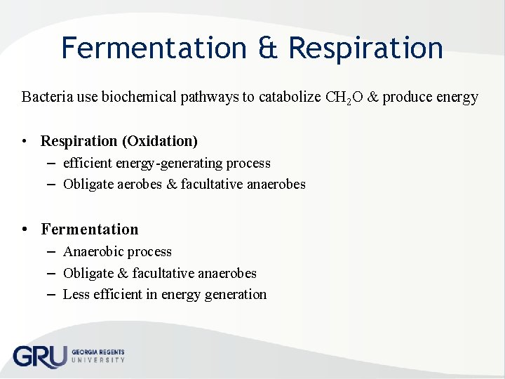Fermentation & Respiration Bacteria use biochemical pathways to catabolize CH 2 O & produce