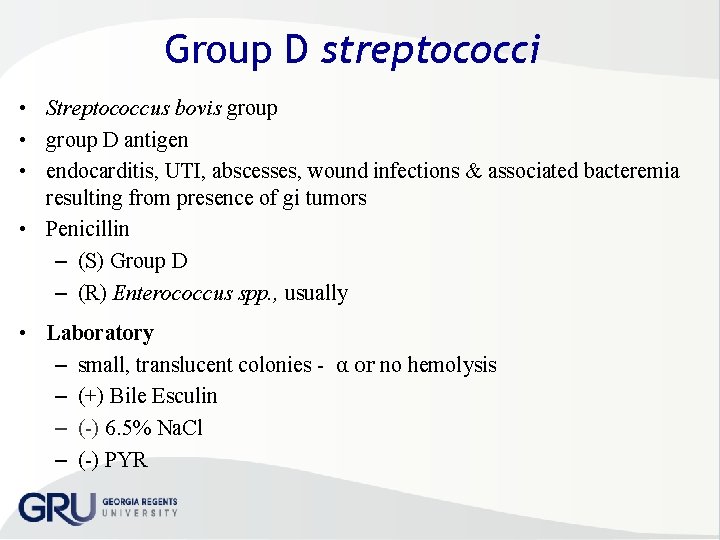 Group D streptococci • Streptococcus bovis group • group D antigen • endocarditis, UTI,