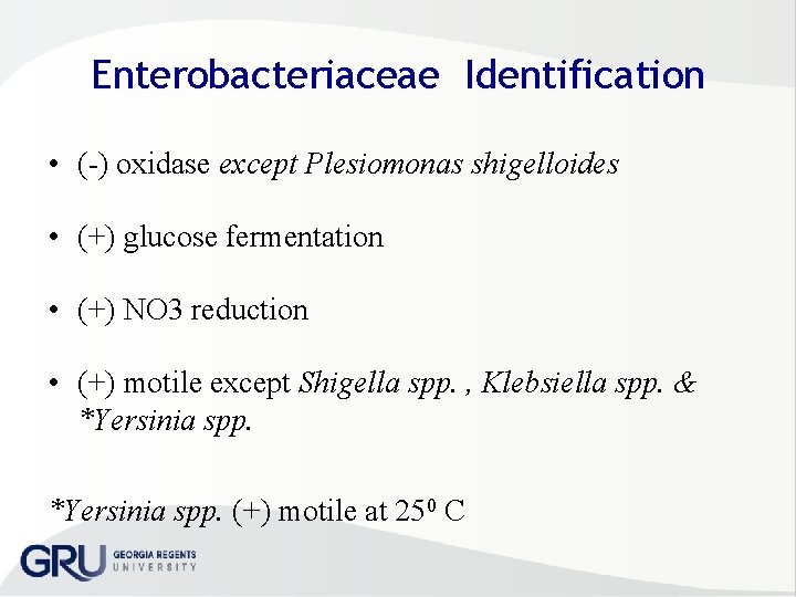 Enterobacteriaceae Identification • ( ) oxidase except Plesiomonas shigelloides • (+) glucose fermentation •