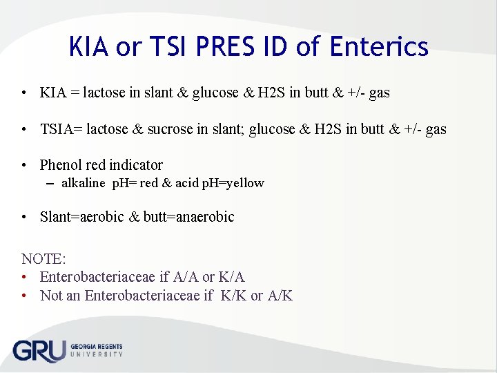 KIA or TSI PRES ID of Enterics • KIA = lactose in slant &