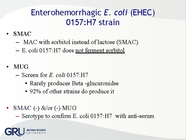 Enterohemorrhagic E. coli (EHEC) 0157: H 7 strain • SMAC – MAC with sorbitol