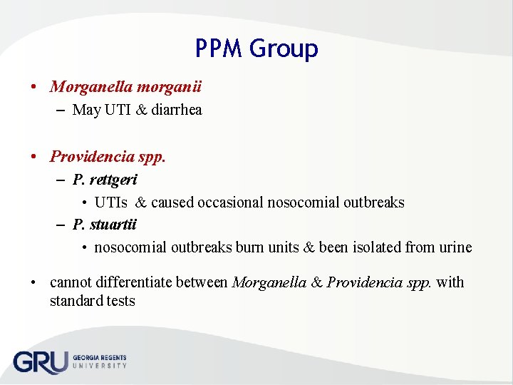 PPM Group • Morganella morganii – May UTI & diarrhea • Providencia spp. –