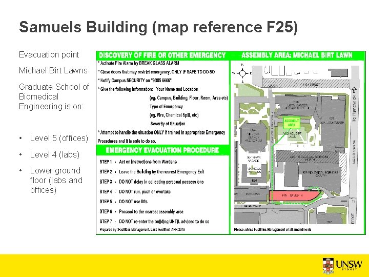 Samuels Building (map reference F 25) Evacuation point Michael Birt Lawns Graduate School of