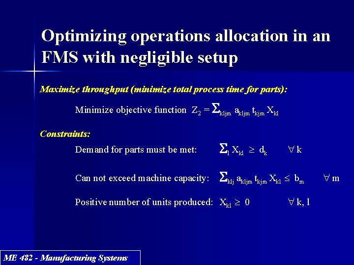 Optimizing operations allocation in an FMS with negligible setup Maximize throughput (minimize total process Optimizing operations allocation in an FMS with negligible setup Maximize throughput (minimize total process