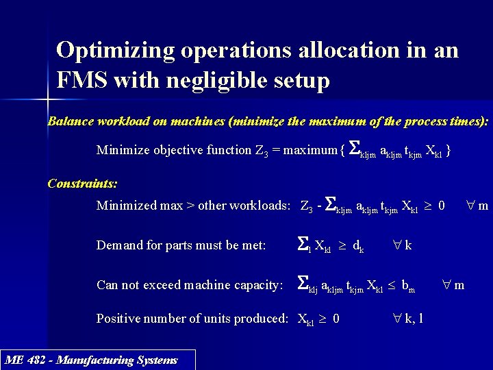 Optimizing operations allocation in an FMS with negligible setup Balance workload on machines (minimize Optimizing operations allocation in an FMS with negligible setup Balance workload on machines (minimize