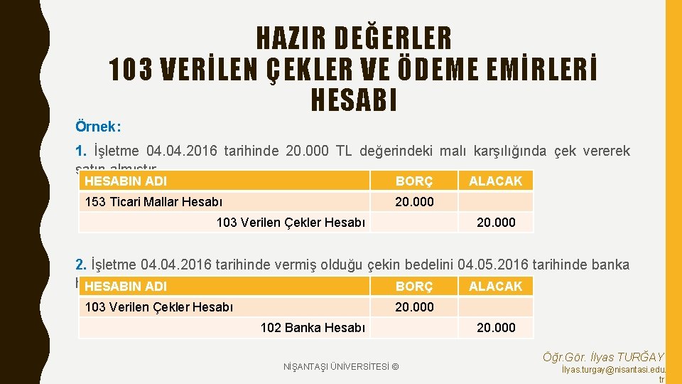 HAZIR DEĞERLER 103 VERİLEN ÇEKLER VE ÖDEME EMİRLERİ HESABI Örnek: 1. İşletme 04. 2016