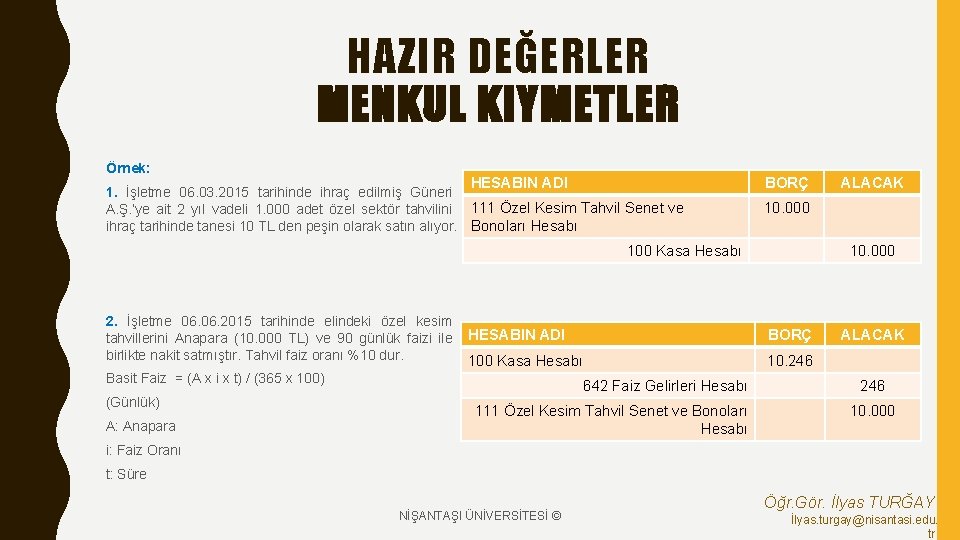 HAZIR DEĞERLER MENKUL KIYMETLER Örnek: HESABIN ADI 1. İşletme 06. 03. 2015 tarihinde ihraç