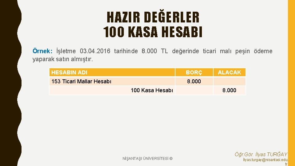 HAZIR DEĞERLER 100 KASA HESABI Örnek: İşletme 03. 04. 2016 tarihinde 8. 000 TL