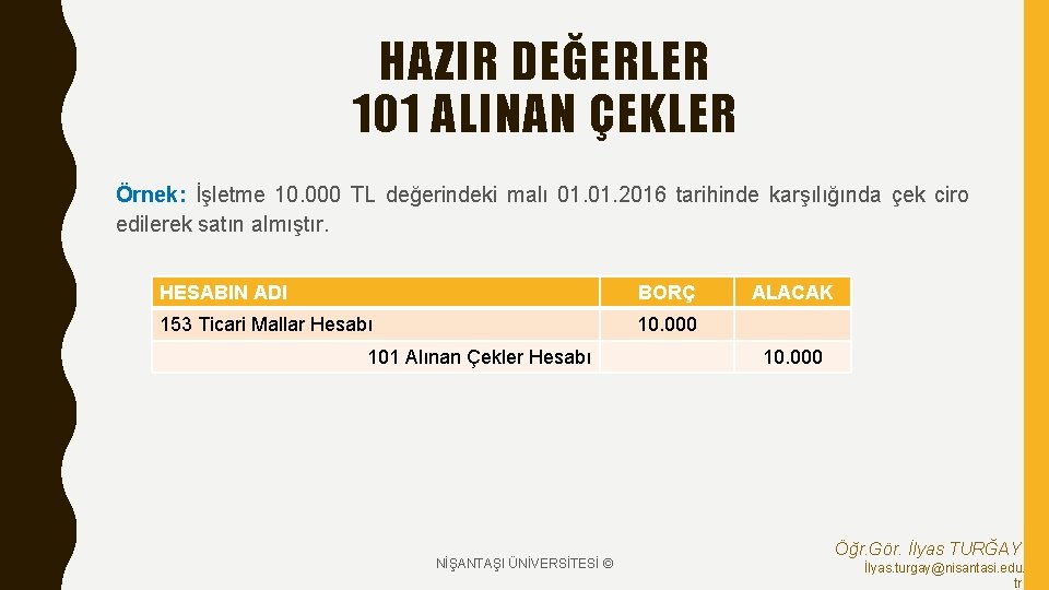 HAZIR DEĞERLER 101 ALINAN ÇEKLER Örnek: İşletme 10. 000 TL değerindeki malı 01. 2016