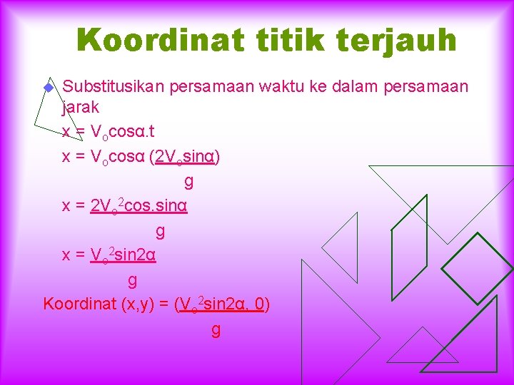 Koordinat titik terjauh Substitusikan persamaan waktu ke dalam persamaan jarak x = Vocosα. t