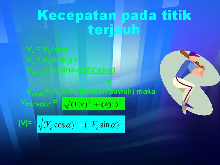 Kecepatan pada titik terjauh Vx = Vocosα Vy = Vosinα-g. t Vymax = Vosinα-g