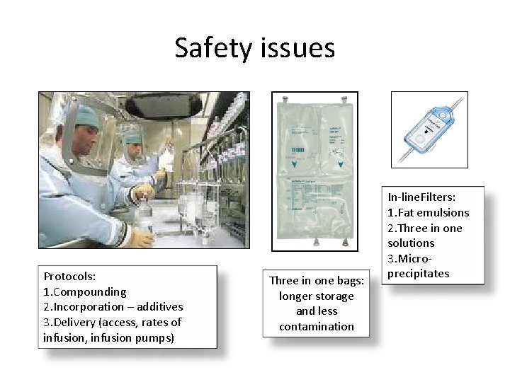 Safety issues Protocols: 1. Compounding 2. Incorporation – additives 3. Delivery (access, rates of