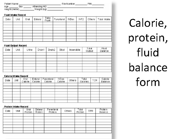 Calorie, protein, fluid balance form 