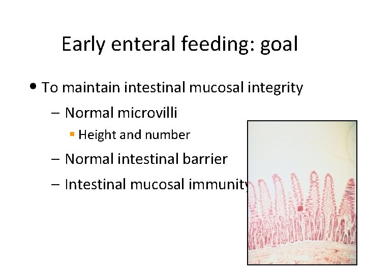 Early enteral feeding: goal • To maintain intestinal mucosal integrity – Normal microvilli §