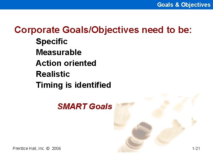 Goals & Objectives Corporate Goals/Objectives need to be: Specific Measurable Action oriented Realistic Timing