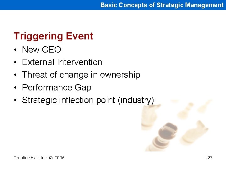 Basic Concepts of Strategic Management Triggering Event • • • New CEO External Intervention