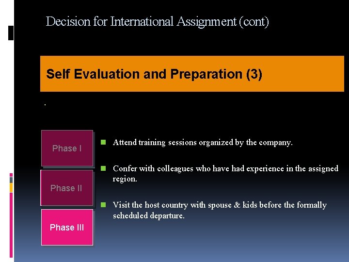 Decision for International Assignment (cont) Self Evaluation and Preparation (3). Phase I n Attend