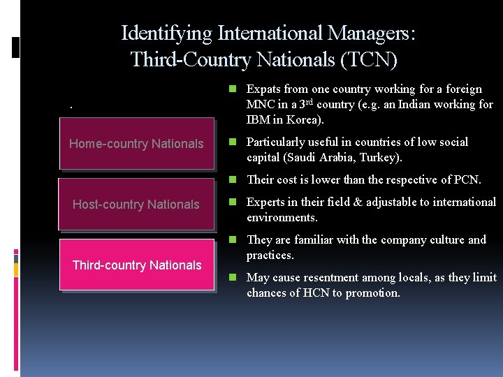 Identifying International Managers: Third-Country Nationals (TCN). Home-country Nationals n Expats from one country working