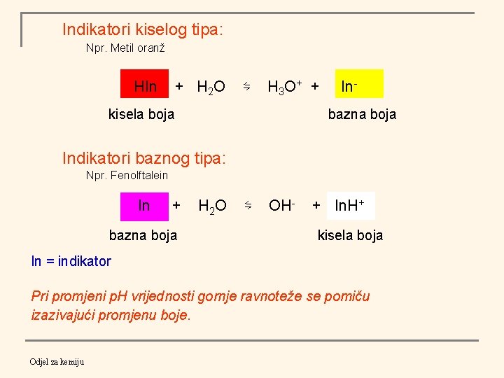 Indikatori kiselog tipa: Npr. Metil oranž HIn + H 2 O ⇋ H 3