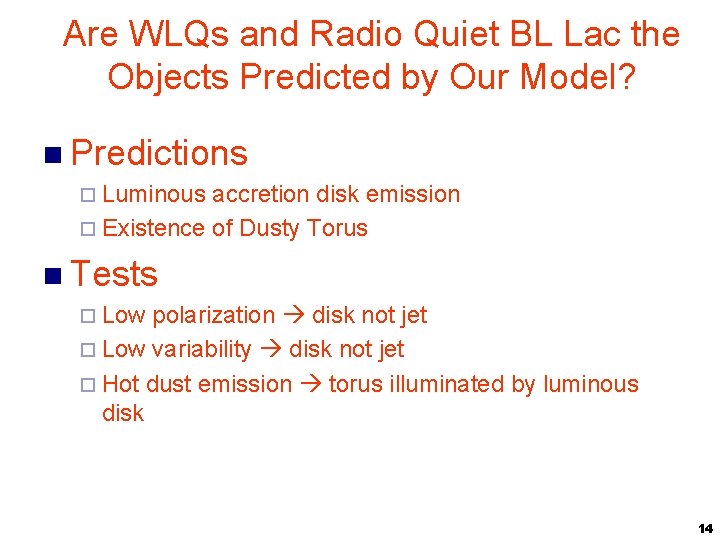 Are WLQs and Radio Quiet BL Lac the Objects Predicted by Our Model? n